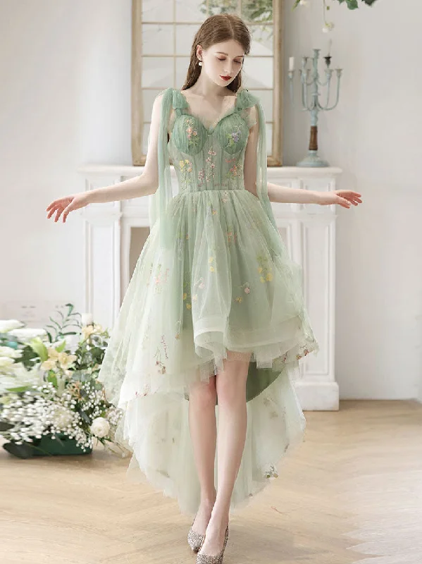 prom dresses with sequin detailingA-Line High Low Green Lace Short Prom Dress, Green Lace Homecoming Dress