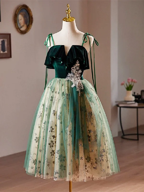 flowy prom dressesA-Line Tulle Sequin Velvet Green Short Prom Dress, Green Homecoming Dress