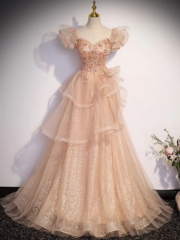 floral prom dressesChampagne A-Line Tulle Beading Long Prom Dress, Champagne Formal Dresses