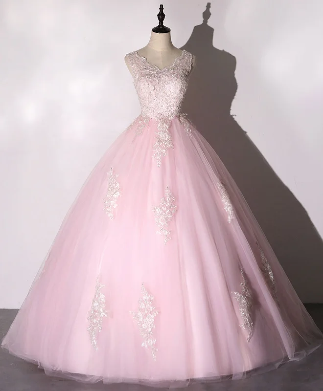 prom dresses for fallPink V Neck Tulle Lace Long Prom Dress Pink Tulle Formal Sweet 16 Dress