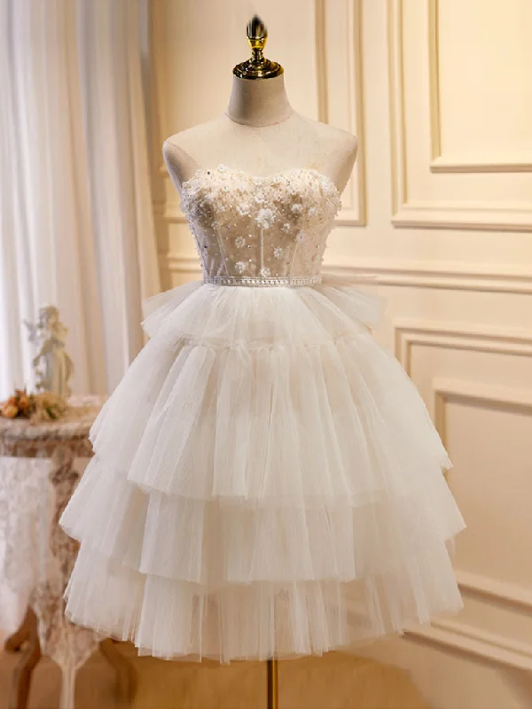 mini prom dressesBeige Sweetheart Neck Tulle Puffy Short Prom Dress, Beige Homecoming Dress