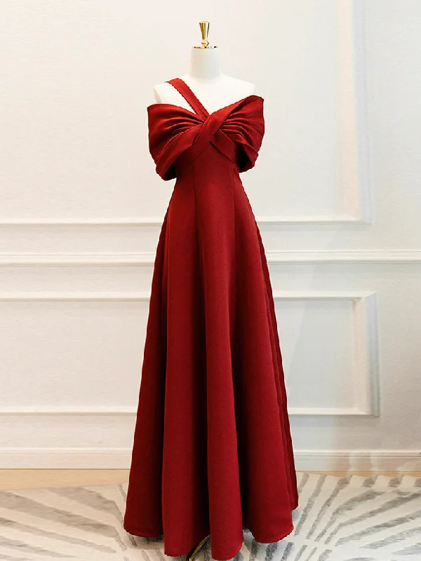 mini prom dressesA-Line One Shoulder Satin Burgundy Long Prom Dress, Burgundy Long Formal Dress