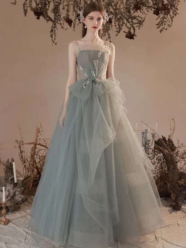 floral prom dressesGray Green Long Prom Dress, Ball Gown Gray Green Tulle Formal Sweet 16 Dress