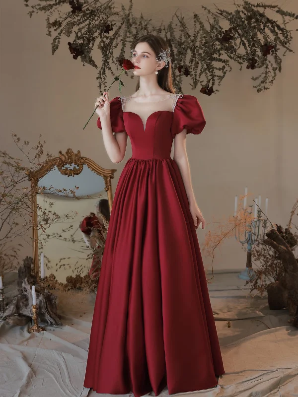 prom dresses with pocketsBurgundy A line Satin Long Prom Dress, Burgundy Sweet 16 Dress