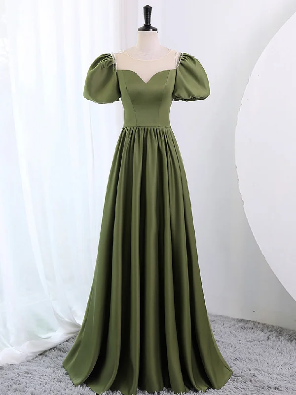 prom dress inspiration galleriesA-Line Scoop Neckline Puff Sleeves Satin Long Green Prom Dress, Green Formal Dress