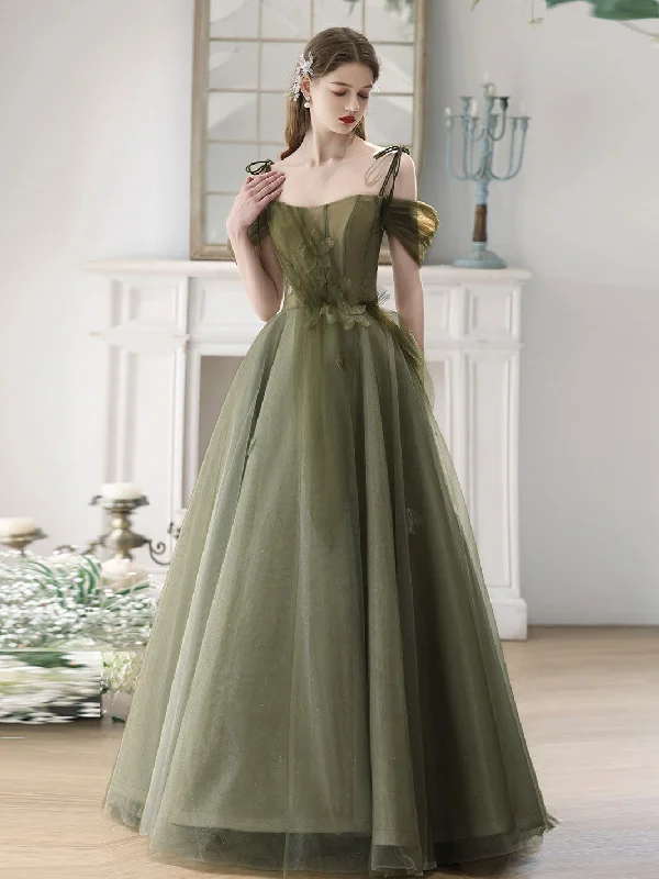 prom dresses for summerA-Line Off Shoulder Green Tulle Long Prom Dress, Green Formal Dresses