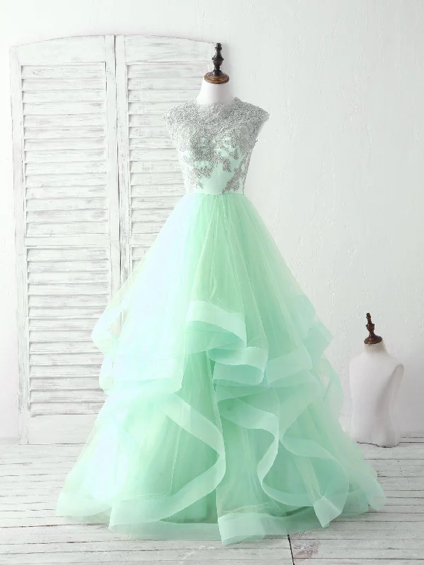 silk prom dressesGreen Tulle Lace Applique Long Prom Dress Blue Tulle Sweet 16 Dress