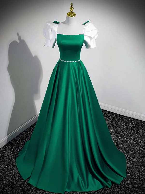 halter neck prom dressesA-Line Satin Green Long Prom Dresses, Green A-Line Formal Dresses