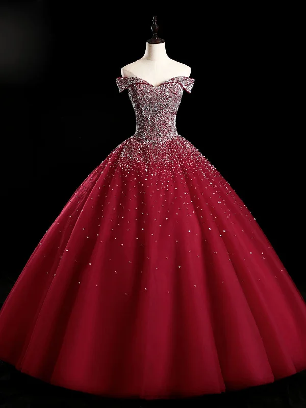 bespoke prom dressesBurgundy Off Shoulder Tulle Sequin Long Prom Dress, Burgundy Sweet 16 Dress