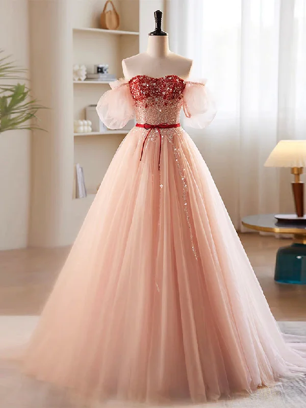 prom dresses with beaded accentsA-Line Sweetheart Neck Sequin Tulle Pink Long Prom Dress, Pink Formal Dress