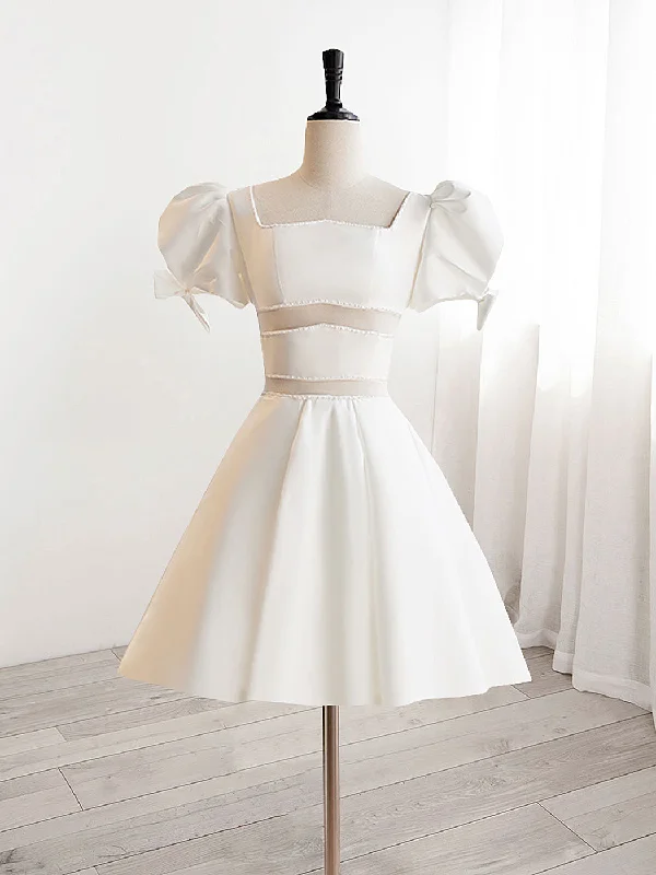 prom dress try-on ideasA-Line Square Neckline ivory Short Prom Dress, Cute  ivory Homecoming Dress