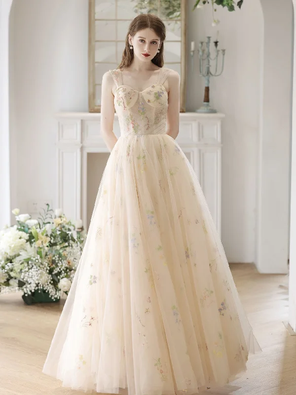 prom dresses for pear shapesA-Line Sweetheart Neck Tulle Lace Champagne Long Prom Dress, Lace Formal Dress