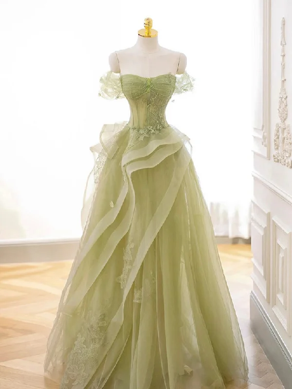 bodycon prom dressesA-Line Off Shoulder Tulle Lace Green Long Prom Dress, Green Lace Long Formal Dress