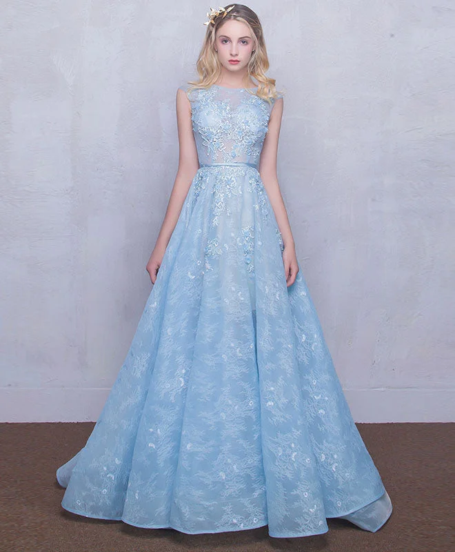 glamorous prom dressesBlue Round Neck Lace Long Prom Dress, Blue Sweet 16 Dress