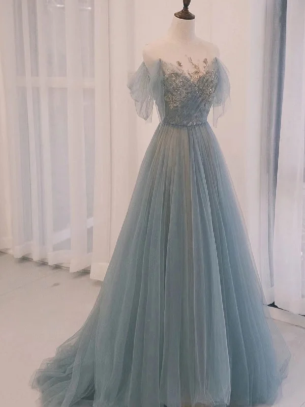 floral prom dressesA-Line Scoop Neckline Tulle Gray Blue Long Prom Dress with Sequin