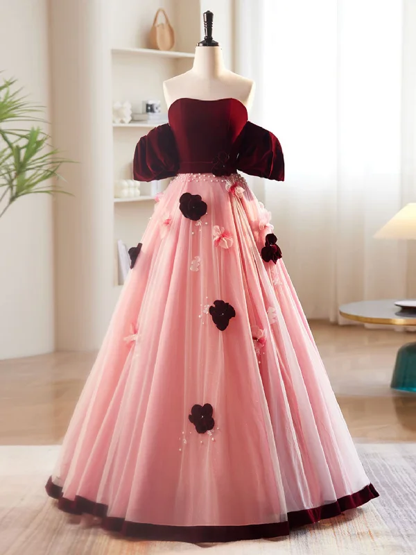 petite prom dressesA-Line Burgundy/Pink Tulle Velvet Long Prom Dress, Burgundy Formal Dress