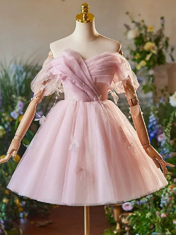 flutter sleeve prom dressesA-Line Off Shoulder Tulle Pink Short Prom Dress, Pink Homecoming Dress