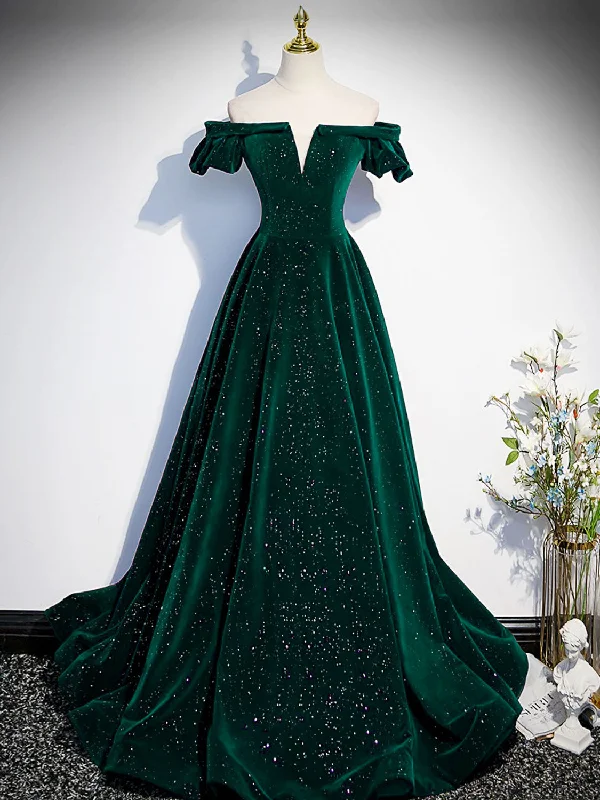 cap sleeve prom dressesA-Line Off Shoulder Velvet Long Prom Dresses, Green Velvet Graduation Dress