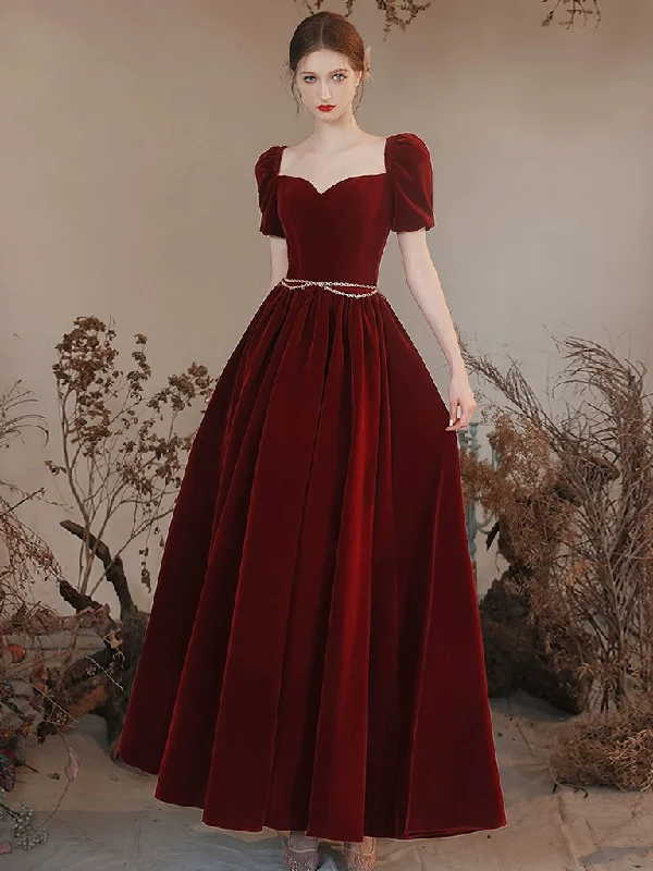 floral prom dressesA-line Sweetheart Neck Velvet Burgundy Long Prom Dress, Burgundy Long Formal Dress