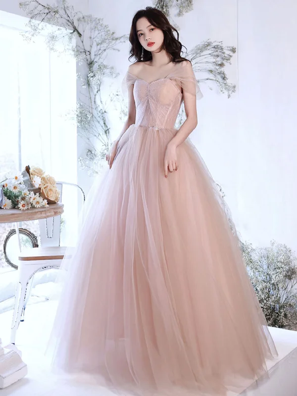 backless prom dressesA Line Off Shoulder Pink Long Prom Dress, Pink Graduation Dress with Beading Lace