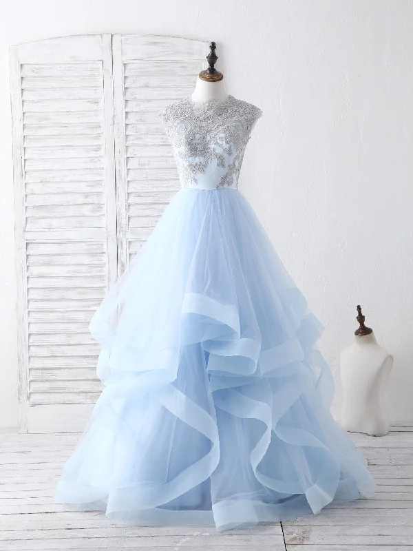 tulle prom dressesBlue Tulle Lace Applique Long Prom Dress Blue Tulle Sweet 16 Dress