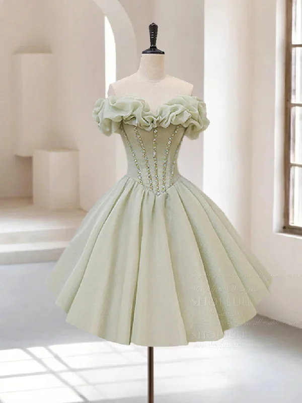 prom dresses for apple shapesA-Line Off Shoulder Organza Green Short Prom Dress,Cute Homecoming Dress with Beads