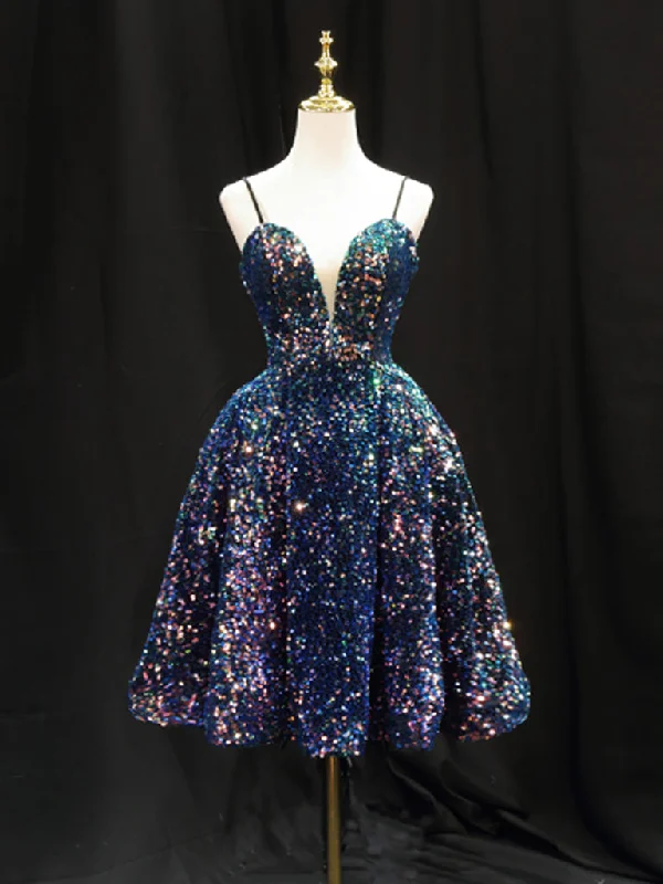 prom dresses with beaded accentsSimple Sequin Blue Short Prom Dress, Blue Homecoming Dress