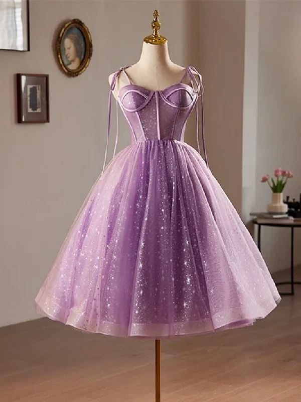 budget-friendly prom dressesA-Line Sweetheart Neck Tulle Lace Short Purple Prom Dress, Purple Homecoming Dress