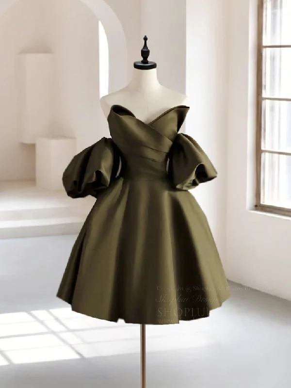 sweetheart neckline prom dressesA-Line Puff Sleeves Olive Green Satin Short Prom Dress, Olive Green Homecoming Dress