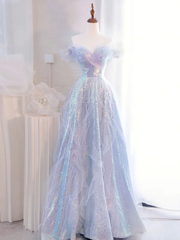 illusion sleeve prom dressesPurple Off Shoulder Tulle Sequin Long Prom Dress, Purple Formal Dress