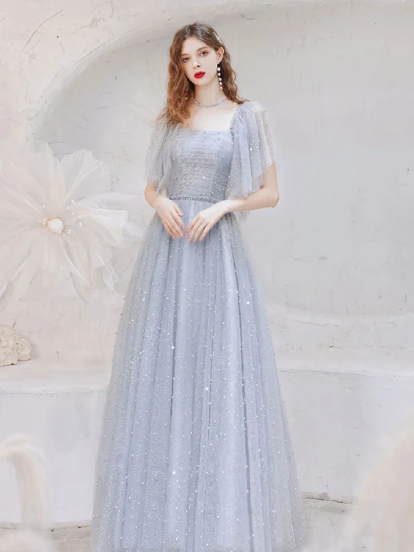 sweetheart neckline prom dressesA-Line Square Neckline Tulle Gray Long Prom Dress, Gray Formal Dresses