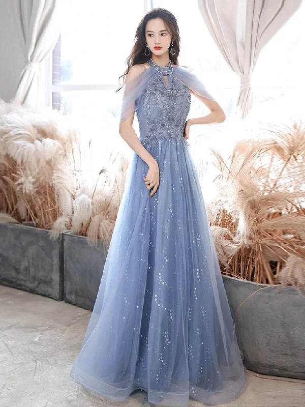 prom dress cleaningA-Line Off Shoulder Tulle Blue Long Prom Dress, Blue Lace Long Formal Dress