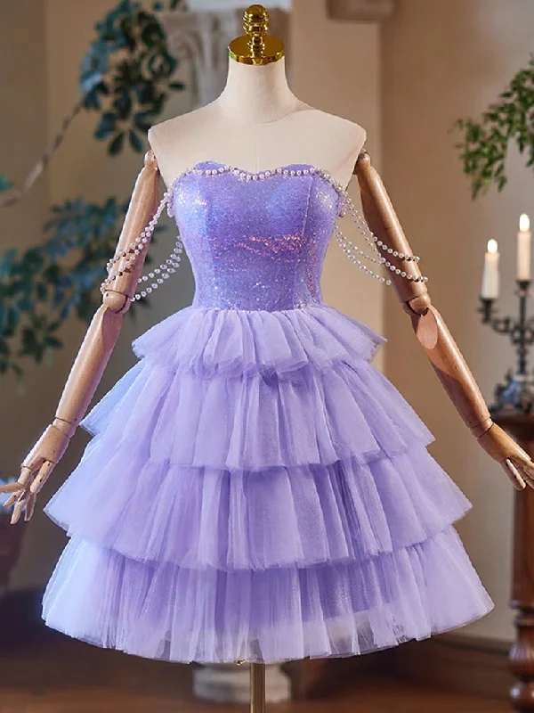 illusion sleeve prom dressesA-Line Tulle Sequin Purple Short Prom Dress, Purple Homecoming Dress