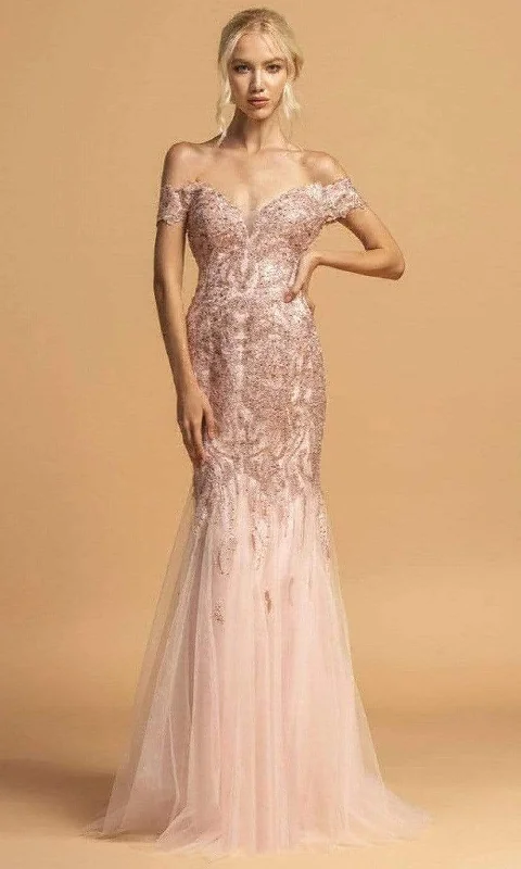 Formal Dress for Art GalleriesAspeed Design - L2091 Embroidered Off Shoulder Tulle Gown