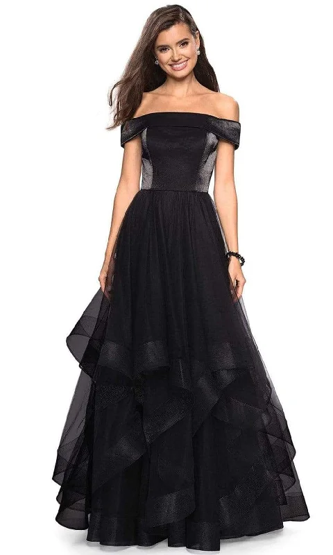 Formal Dress for Military BallsLa Femme - 27224 Off-Shoulder Pleated A-Line Gown