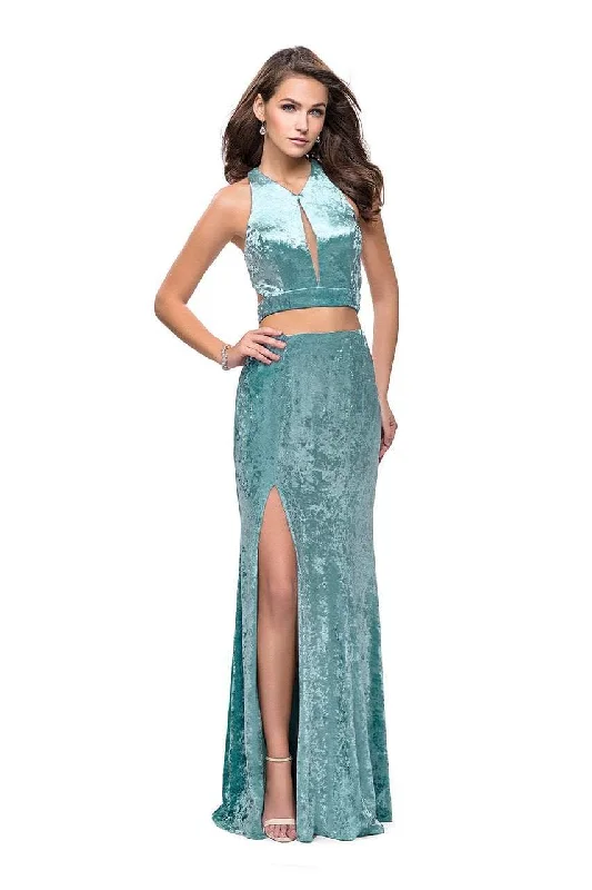 Formal Dress for Church WeddingsLa Femme - 25500 Two-Piece Cutout Bodice Velvet Sheath Gown