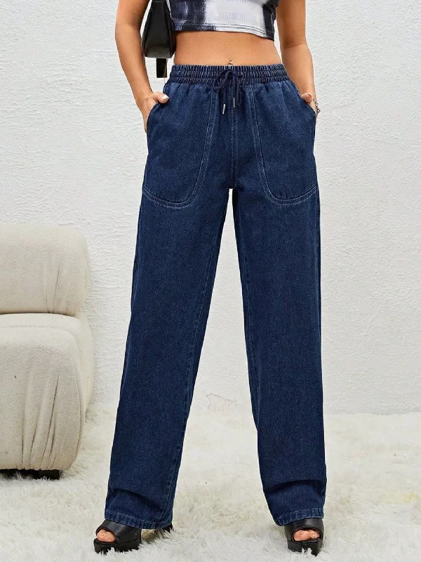 women's denim jeans with zippersDrawstring Elastic Waist Jeans with Pockets