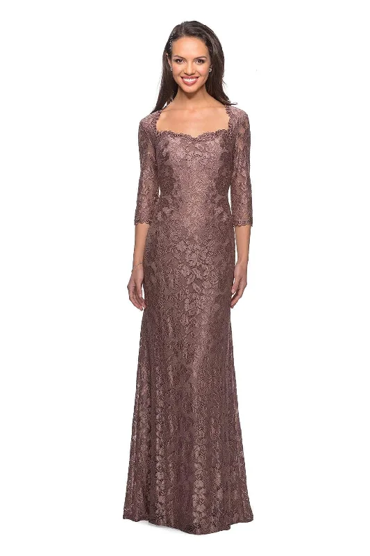 Formal Dress Rental ServicesLa Femme - 26427 Floral Lace Sheer Quarter Sleeve Sheath Gown