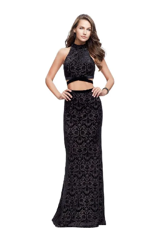 Formal Dress for Black-Tie Optional EventsLa Femme - 25589 High Neck Two-Piece Velvet Sheath Gown