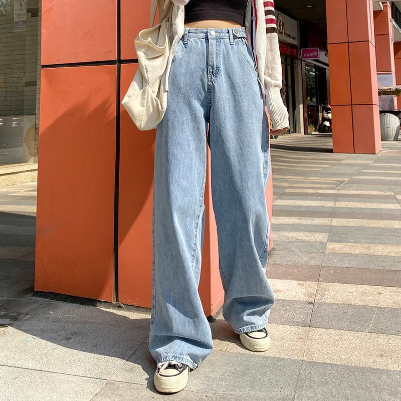 women's faded denim jeansKittenAlarm - Woman Jeans High Waist Clothes Wide Leg Denim Clothing Blue Streetwear Vintage Quality Fashion Harajuku Straight Pants