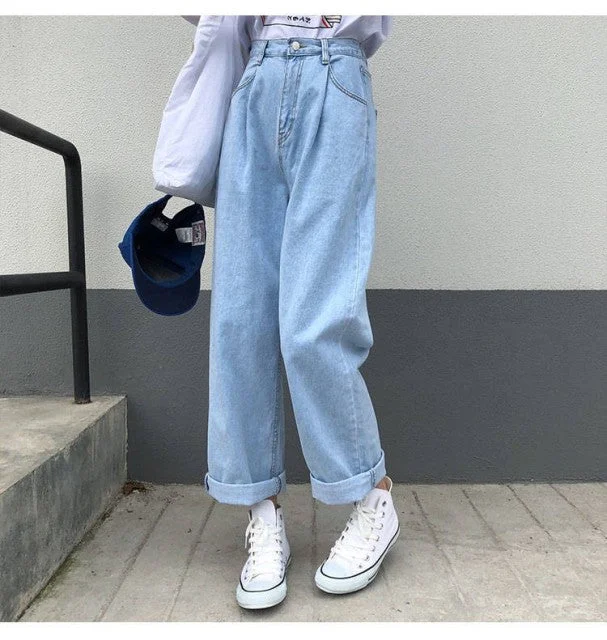 women's denim jeans with cotton blendKittenAlarm - Jeans Women Solid Vintage High Waist Wide Leg Denim Trousers Simple Students All-match Loose Fashion Harajuku Womens Chic Casual