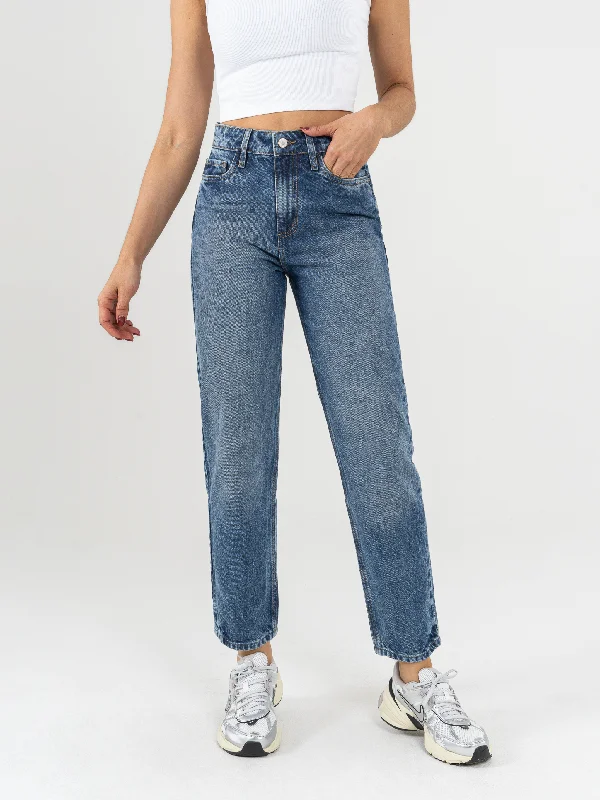 women's cropped denim jeansRef: 065340 Jean Mom fit, rígido, tiro alto, tono azul medio oscuro