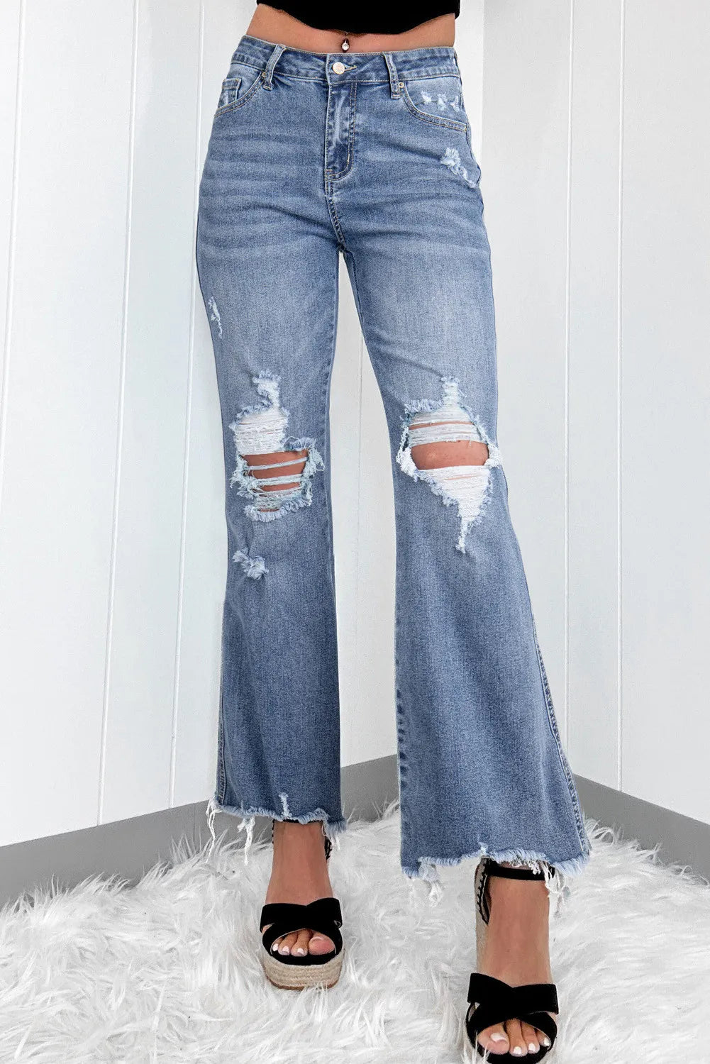 women's denim jeans for a vintage styleDistressed Raw Hem Bootcut Jeans