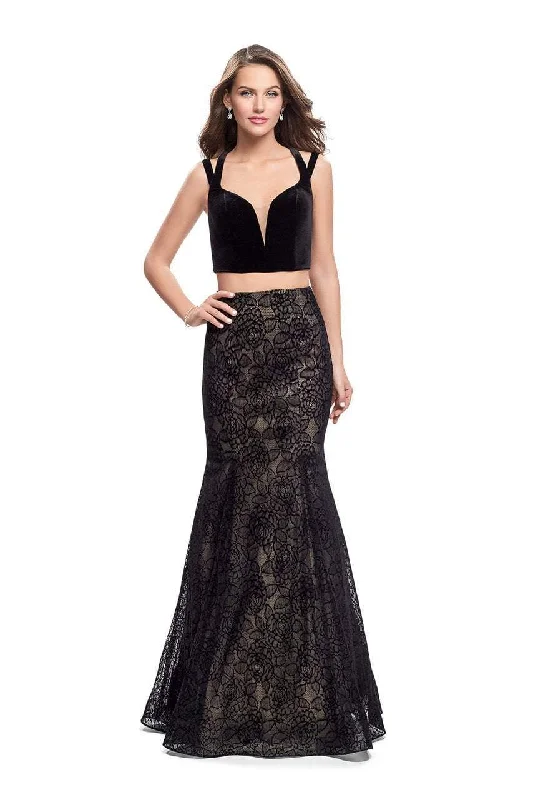 Formal Dress for Formal Day EventsLa Femme - 25772 Two Piece Velvet Strappy Lace Mermaid Gown