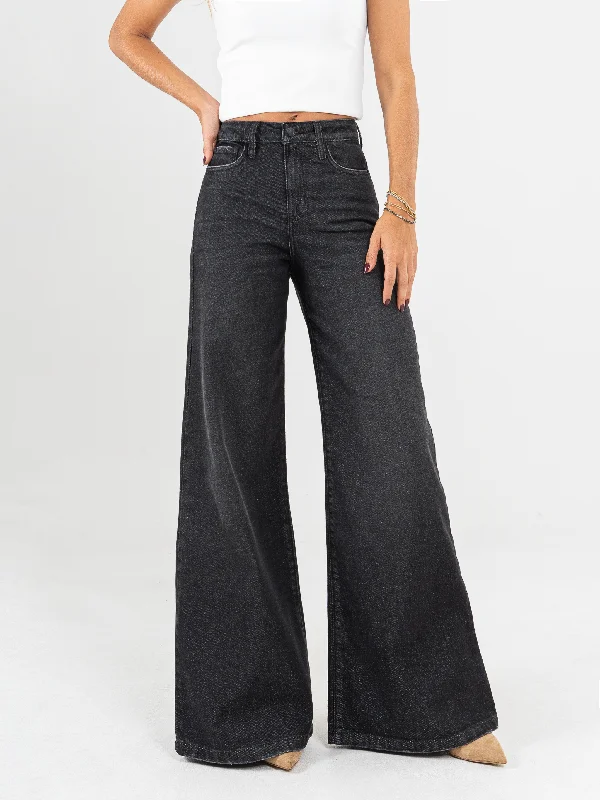 women's denim jeans with cotton blendRef: 065143 Jean Mom flare palazzo, rígido, tiro alto, tono gris oscuro