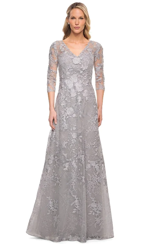 Formal Dress for New Year's EveLa Femme 29989 - Embroidered Sheer Lace Mother of the Groom V-Neck Gown