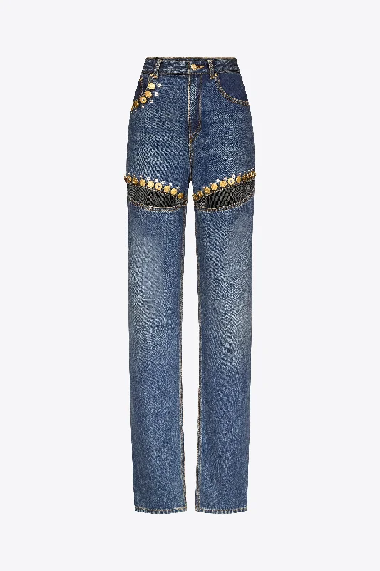 women's denim jeans with adjustable waistbandsCrystal Button Studded Slit Jean