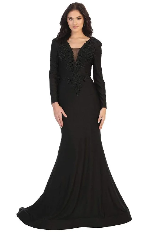 Formal Dress for Horse RacesMay Queen - MQ1772 Beaded Appliqued Plunging Bodice Trumpet Gown