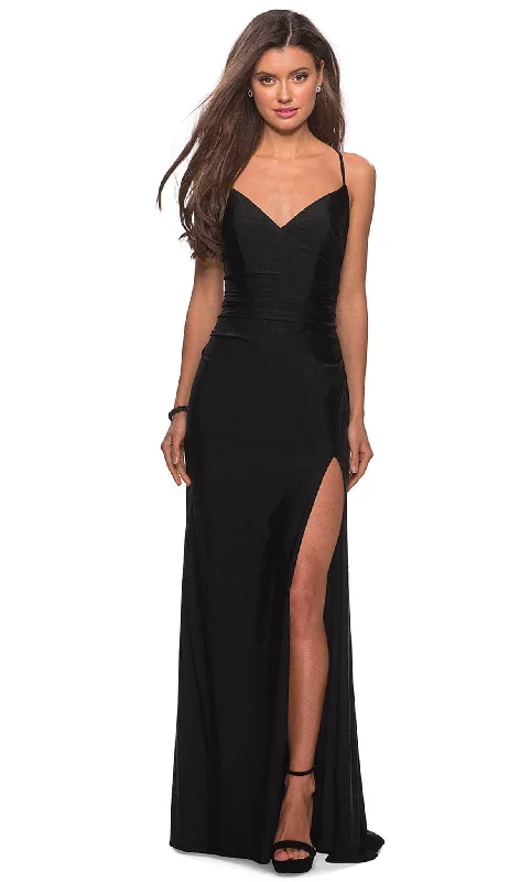 Formal Dress for Bohemian ThemesLa Femme - 28206 Long Crisscross Strapped High Slit Sheath Gown