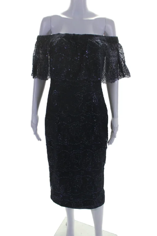 lace-trimmed midi dressesTheia Womens Lace Off The Shoulder Short Sleeves Dress Midnight Blue